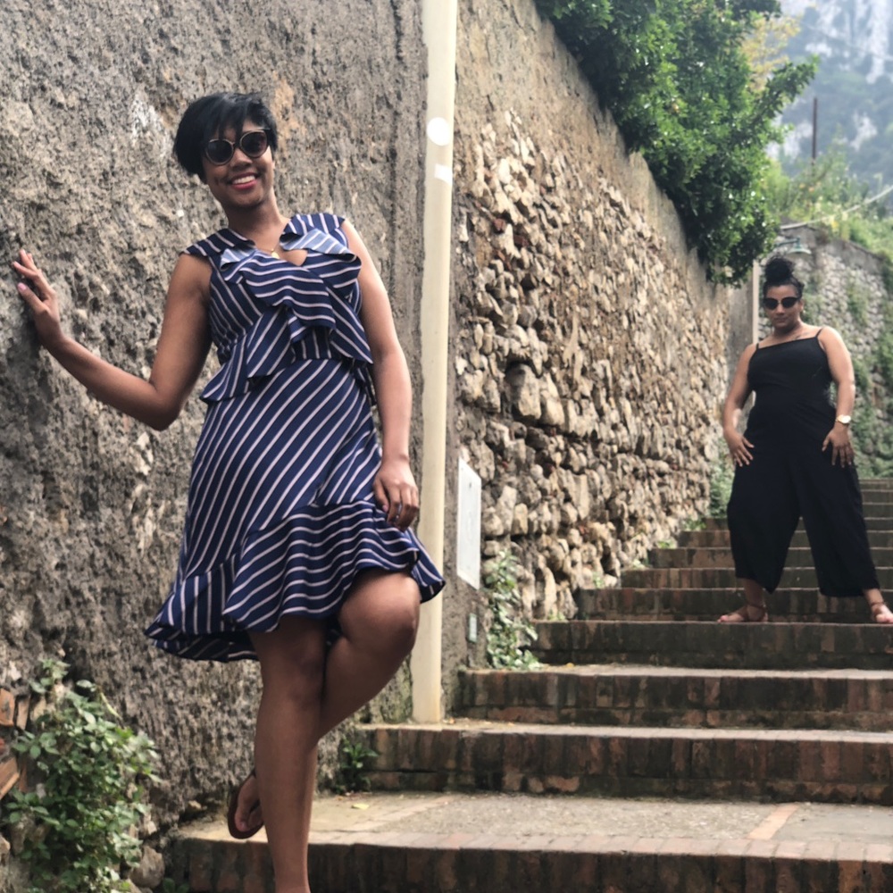 Blue Ruffle Pinstripe Dress